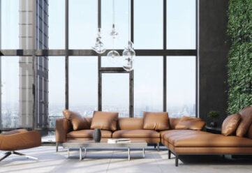 Luxury modern living room interior with panoramic windows, 3d render